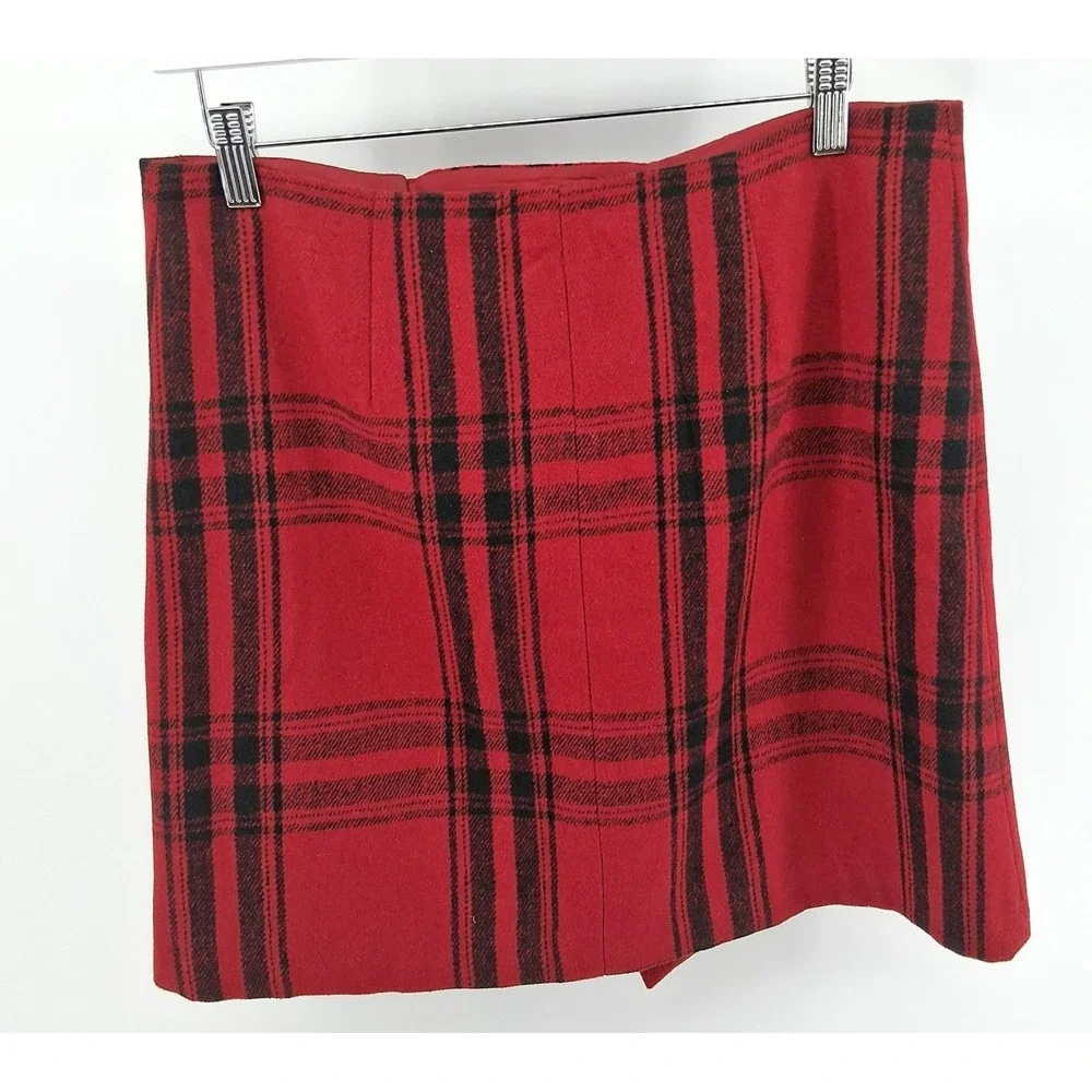 British Khaki Red Plaid Short Skirt Womens Sz 8 Faux Wrap‎ Dark Academia Twee